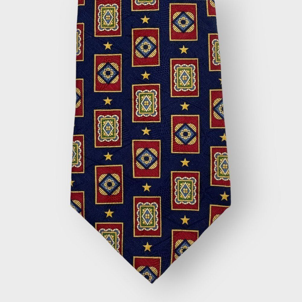 Tommy Hilfiger Mens Tie | Red Blue | Geometric | 100% Silk | Contrasting Tail